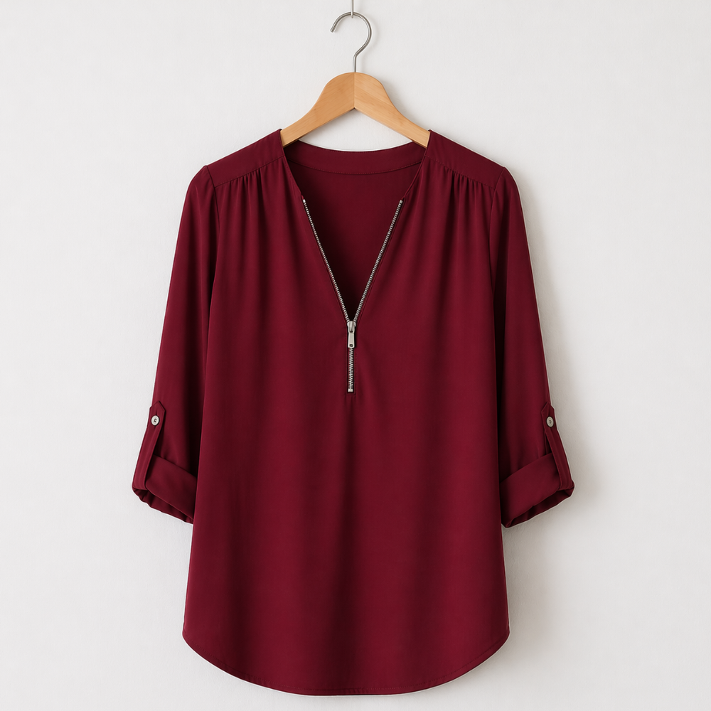 Women’s zipped v-neck loose fit casual blouse Fashion Grand
