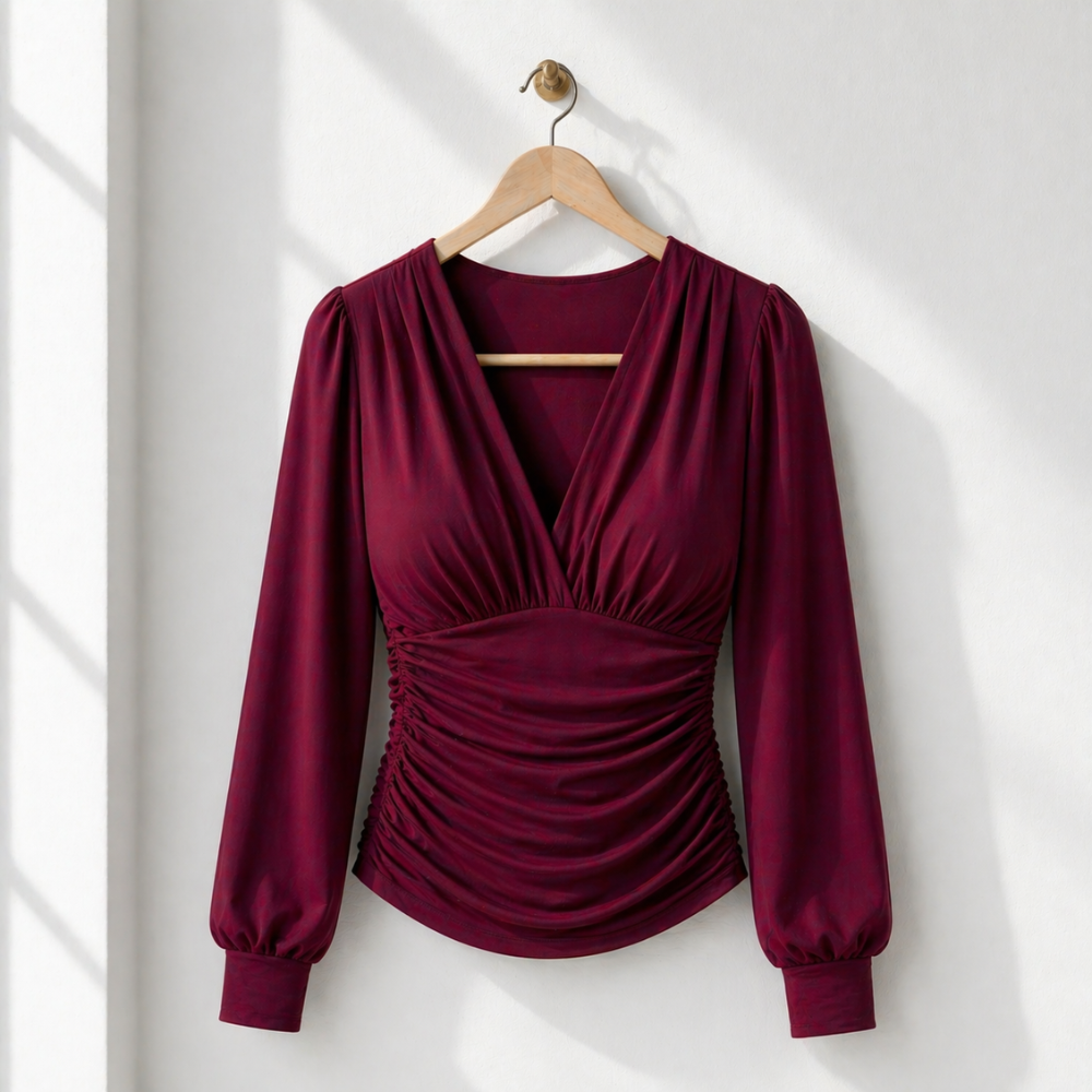 Women’s ruched v-neck long sleeve fitted top Fashion Grand
