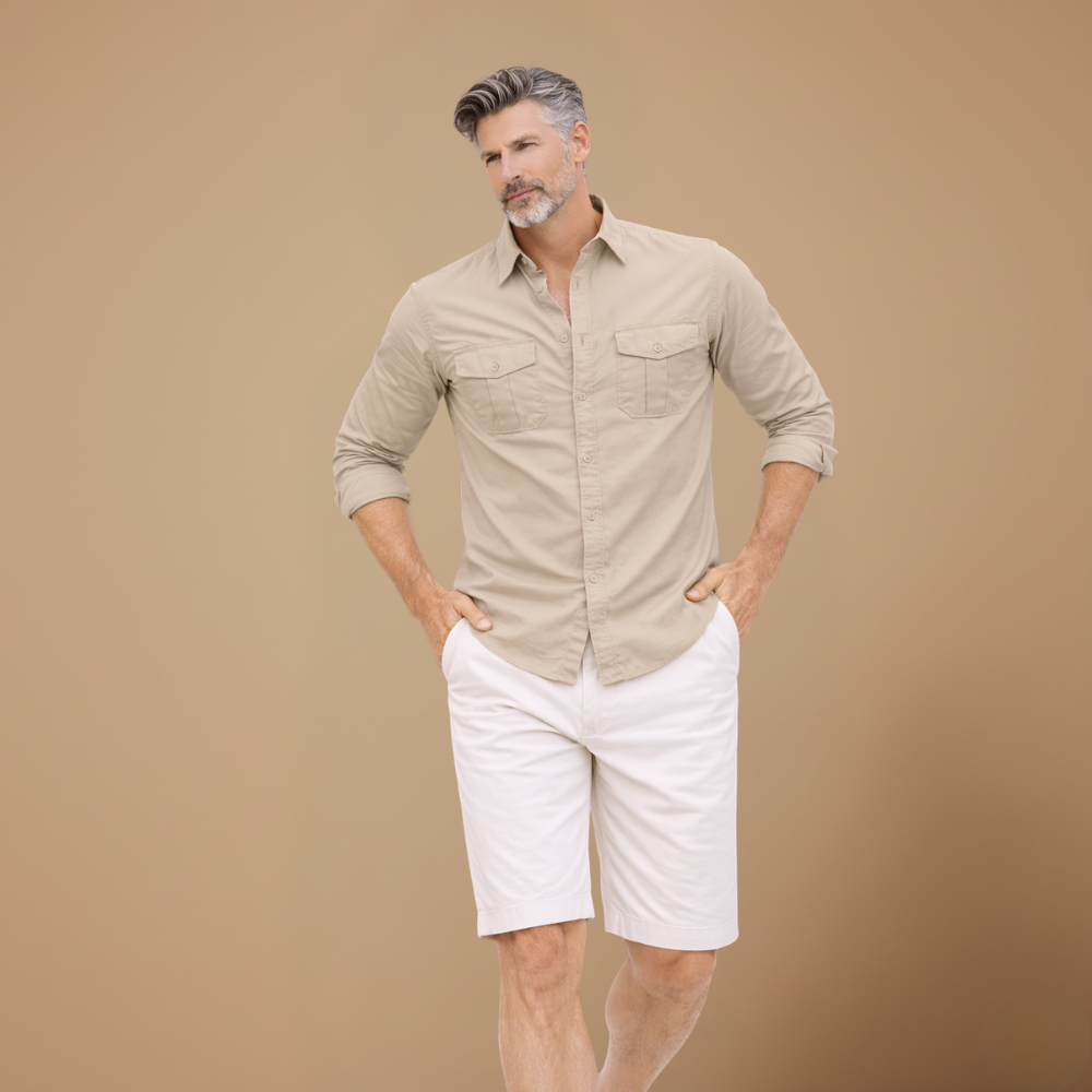 Men's casual long sleeve shirt with dual chest pockets Fashion Grand