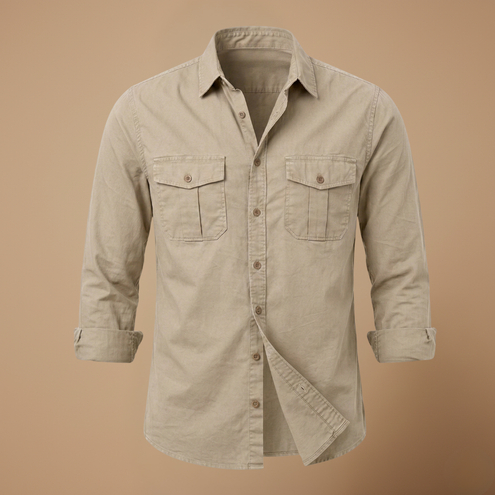Men's casual long sleeve shirt with dual chest pockets Fashion Grand