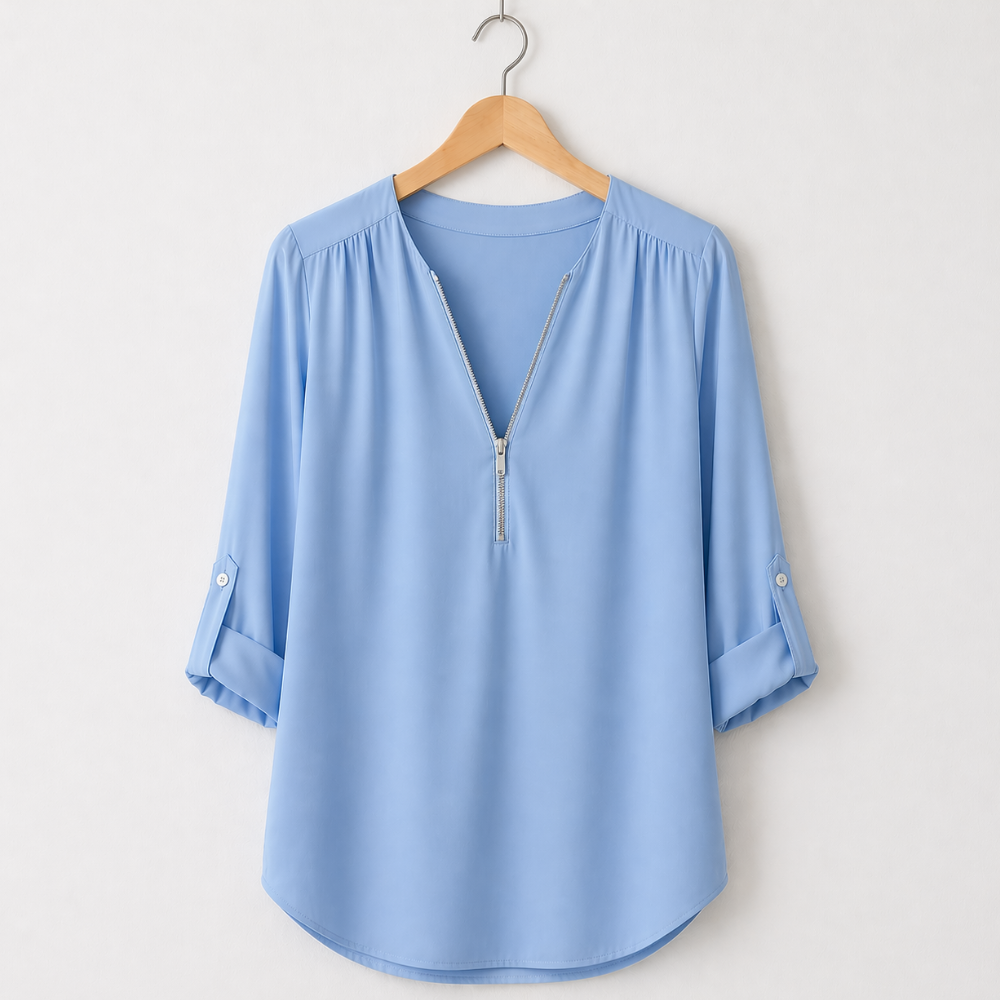Women’s zipped v-neck loose fit casual blouse Fashion Grand