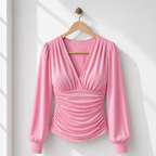 Women’s ruched v-neck long sleeve fitted top Fashion Grand