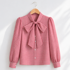 Women’s casual bow tie plaid loose fit blouse Fashion Grand