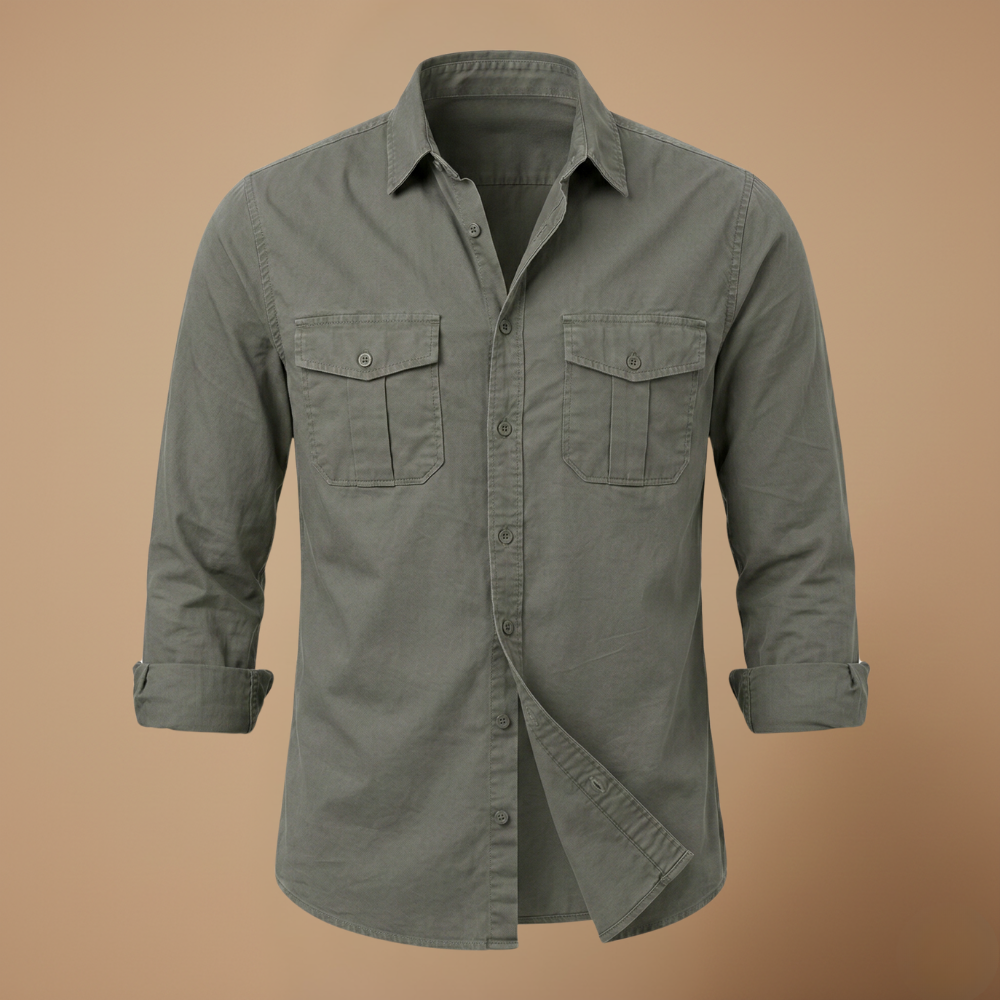 Men's casual long sleeve shirt with dual chest pockets Fashion Grand