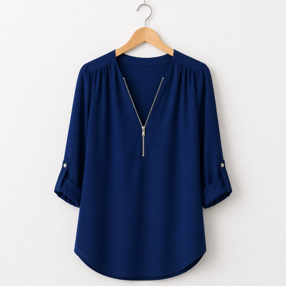 Women’s zipped v-neck loose fit casual blouse Fashion Grand