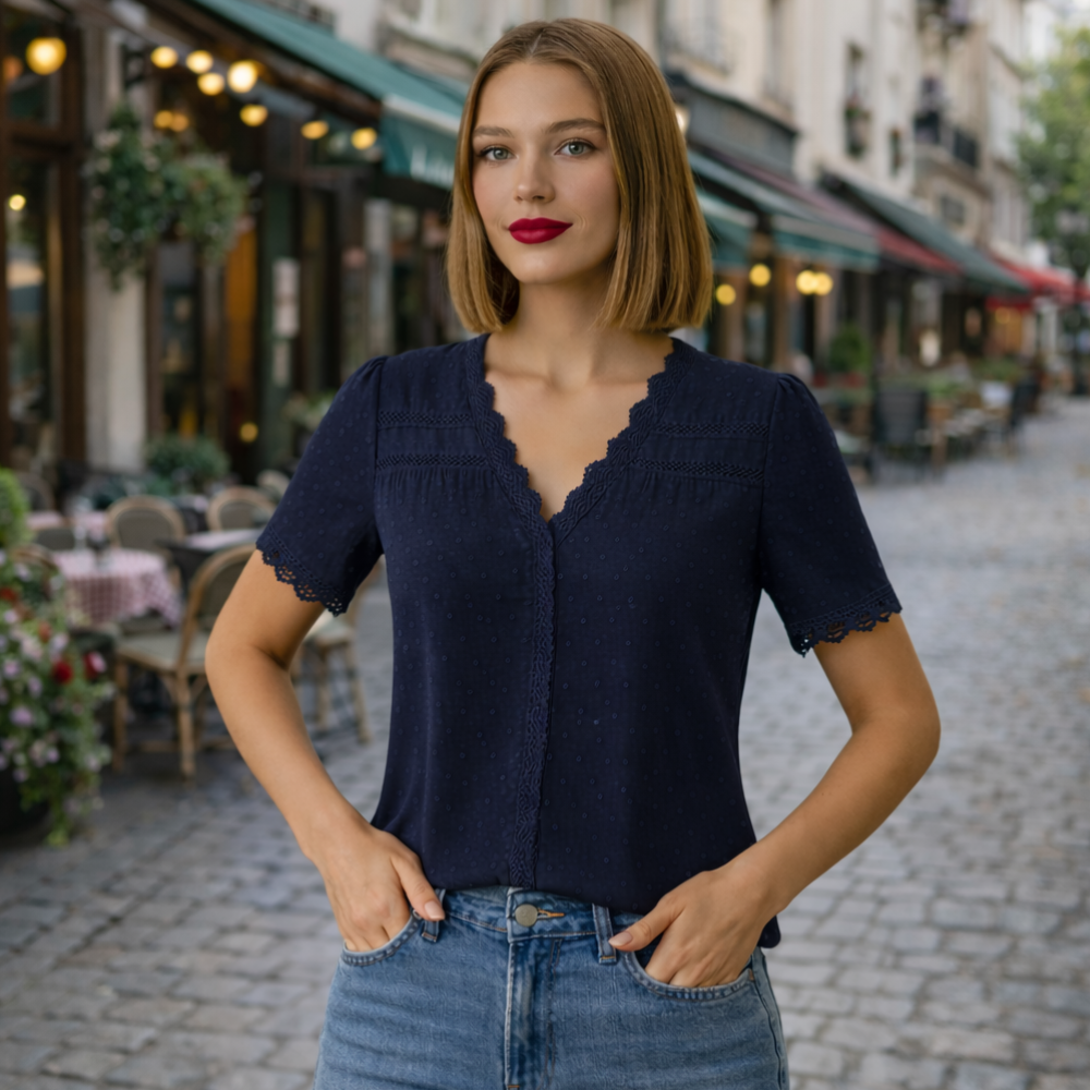 Women's summer lace trim v-neck blouse Fashion Grand