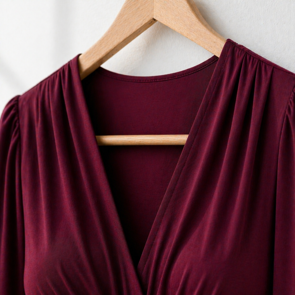 Women’s ruched v-neck long sleeve fitted top Fashion Grand
