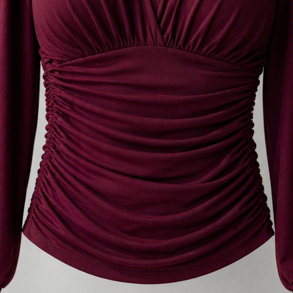 Women’s ruched v-neck long sleeve fitted top Fashion Grand
