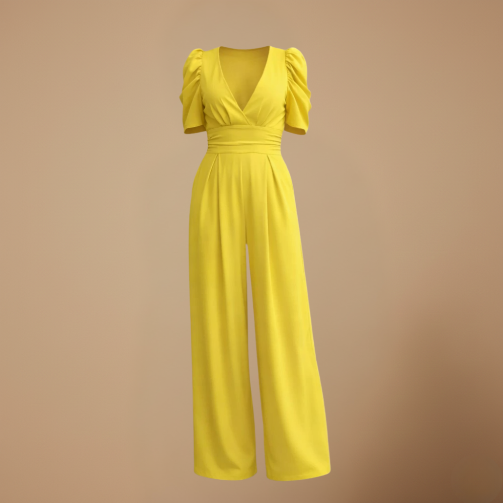 Women's puff sleeve v-neck wide jumpsuit Fashion Grand