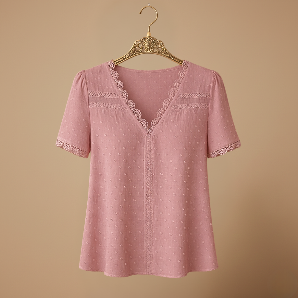Women's summer lace trim v-neck blouse Fashion Grand