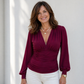 Women’s ruched v-neck long sleeve fitted top Fashion Grand