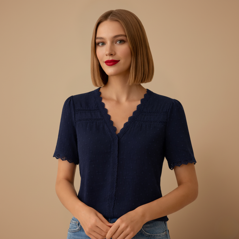 Women's summer lace trim v-neck blouse Fashion Grand