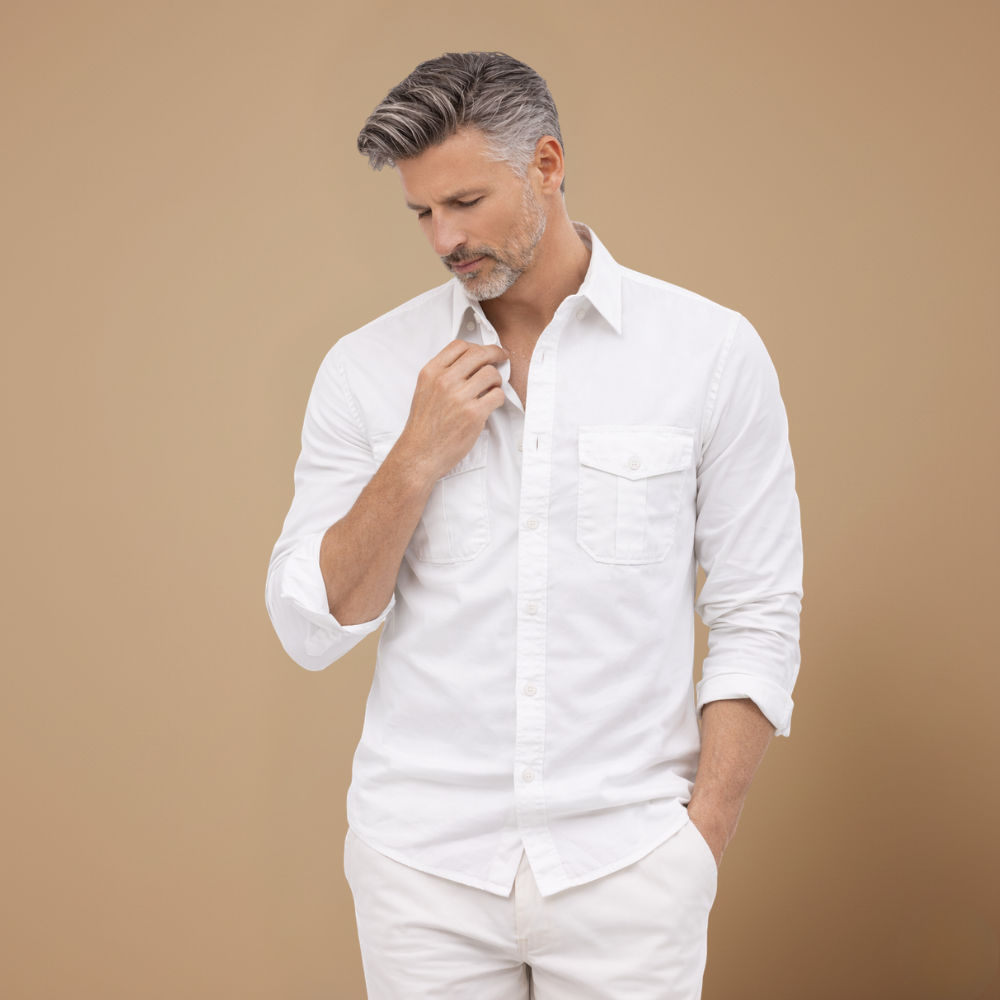 Men's casual long sleeve shirt with dual chest pockets Fashion Grand