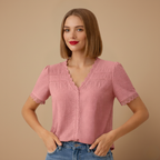 Women's summer lace trim v-neck blouse Fashion Grand