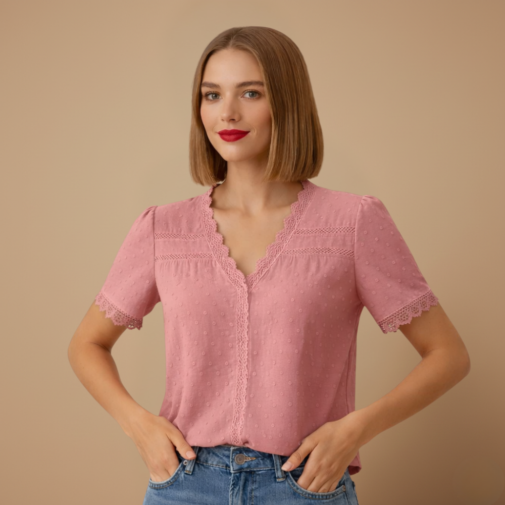 Women's summer lace trim v-neck blouse Fashion Grand