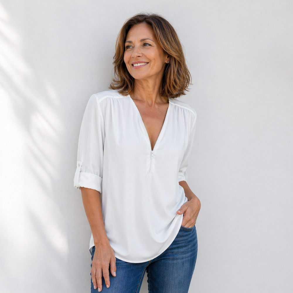 Women’s zipped v-neck loose fit casual blouse Fashion Grand