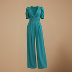 Women's puff sleeve v-neck wide jumpsuit Fashion Grand