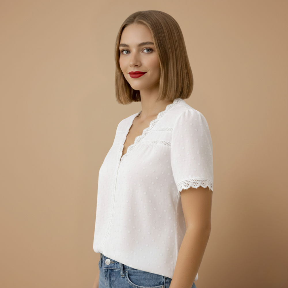 Women's summer lace trim v-neck blouse Fashion Grand