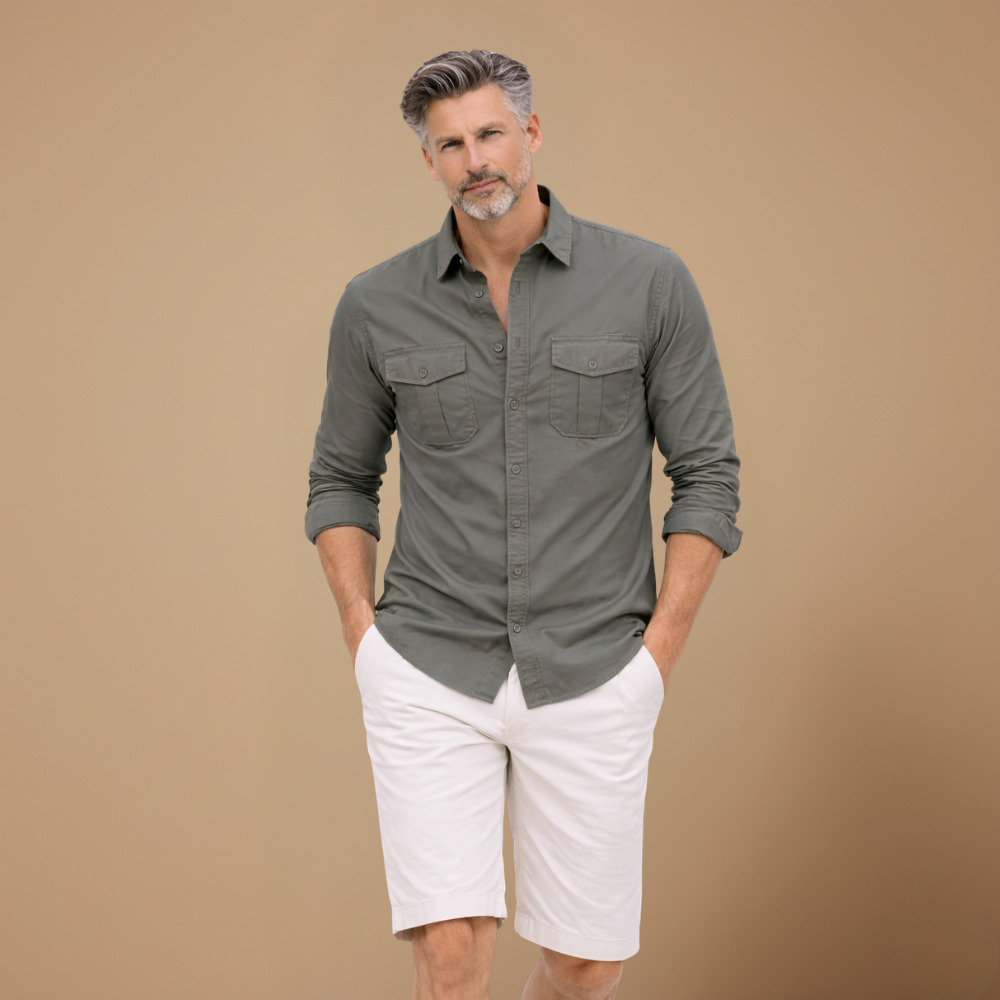 Men's casual long sleeve shirt with dual chest pockets Fashion Grand