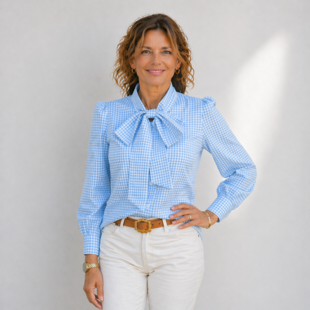 Women’s casual bow tie plaid loose fit blouse Fashion Grand
