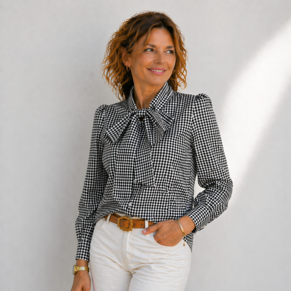 Women’s casual bow tie plaid loose fit blouse Fashion Grand