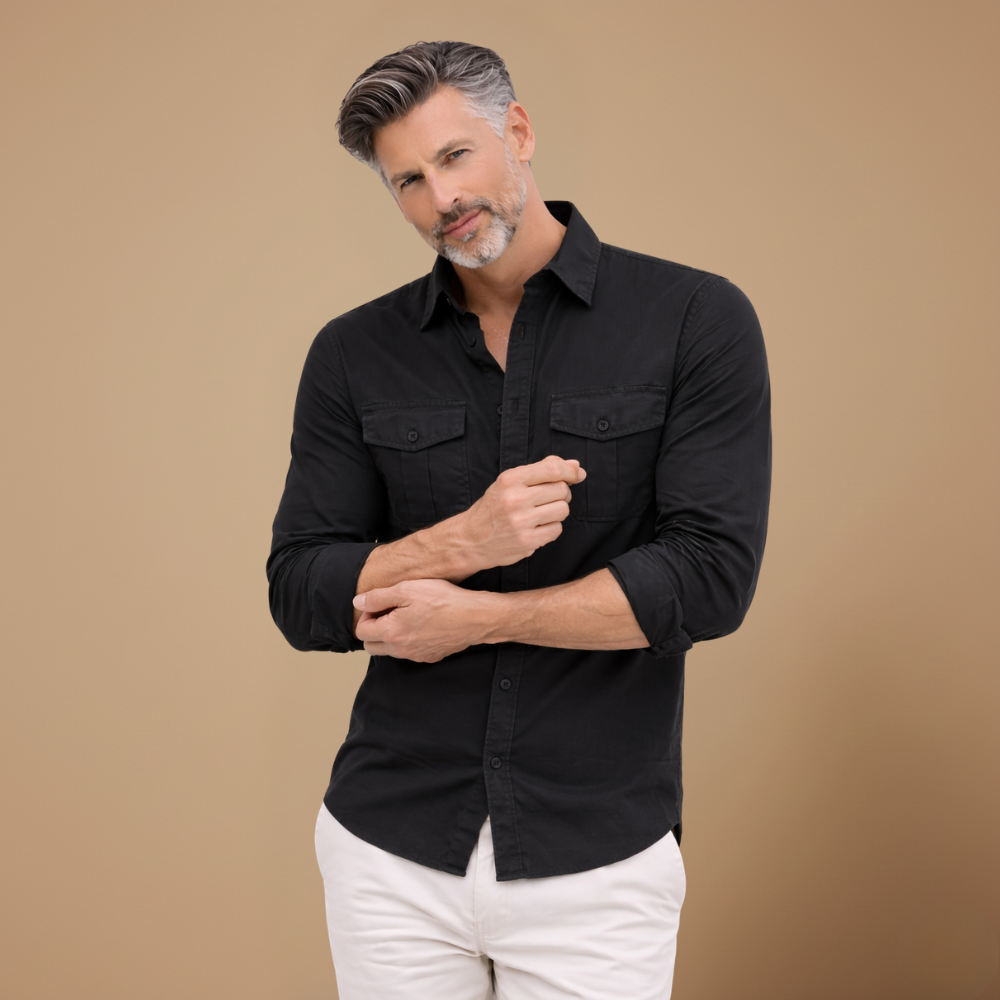 Men's casual long sleeve shirt with dual chest pockets Fashion Grand