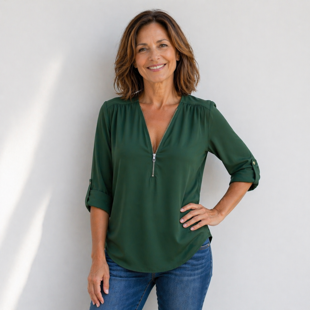 Women’s zipped v-neck loose fit casual blouse Fashion Grand
