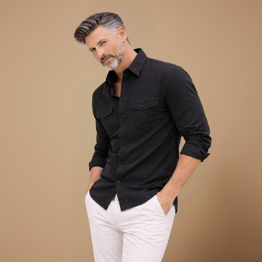 Men's casual long sleeve shirt with dual chest pockets Fashion Grand