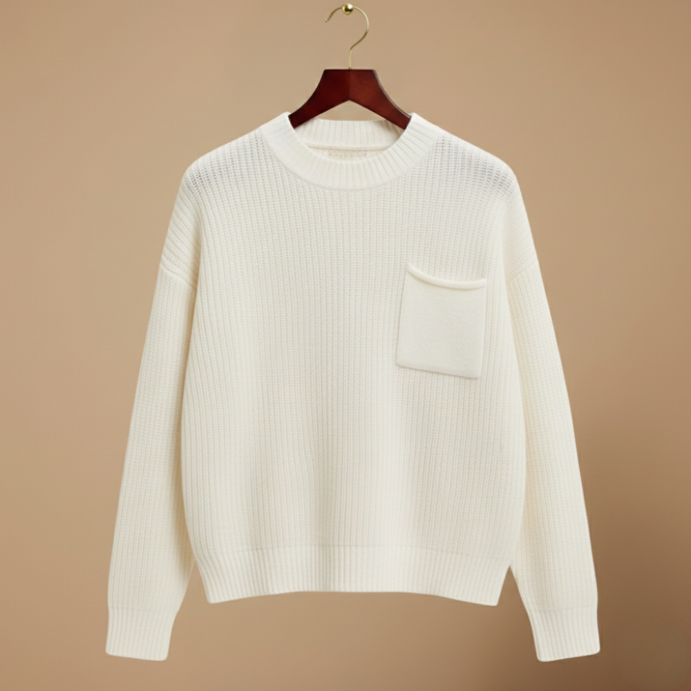 Crew Neck Knitted Sweater with Chest Pocket for Women Fashion Grand