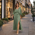 Women’s summer v-neck high waist & half sleeve midi dress Fashion Grand