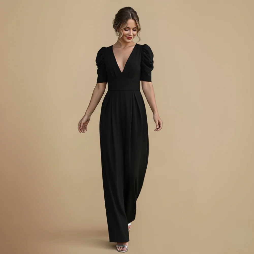 Women's Puff Sleeve V-Neck Wide Jumpsuit Fashion Grand