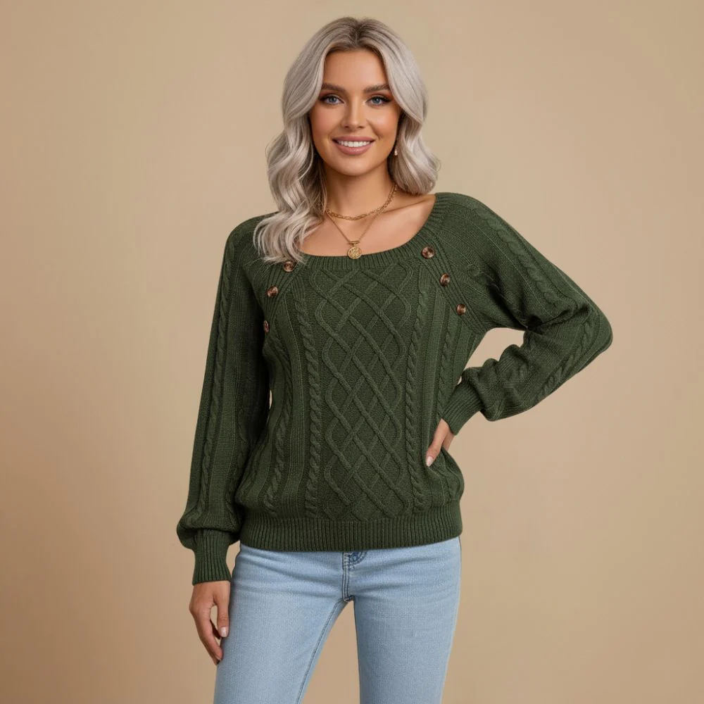 Cable Knit Shoulder Button Detail Round Jumper for Women Fashion Grand