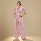 Women's Puff Sleeve V-Neck Wide Jumpsuit Fashion Grand