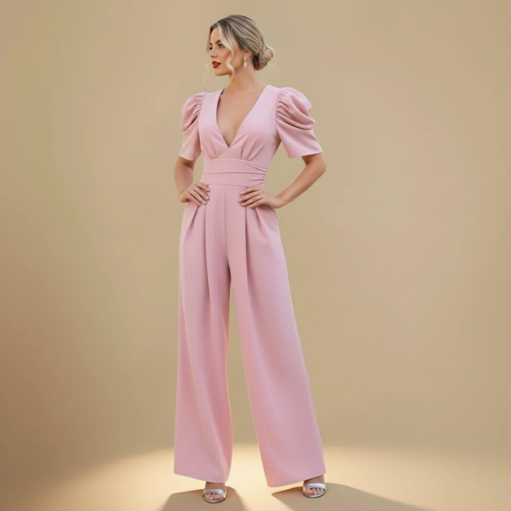 Women's Puff Sleeve V-Neck Wide Jumpsuit Fashion Grand