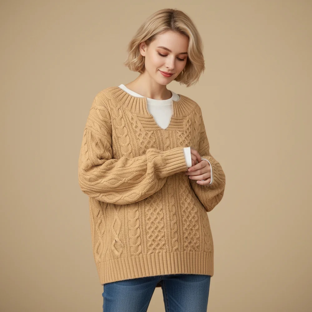 Women's Oversized V-Neck Thick Cable Jumper Fashion Grand