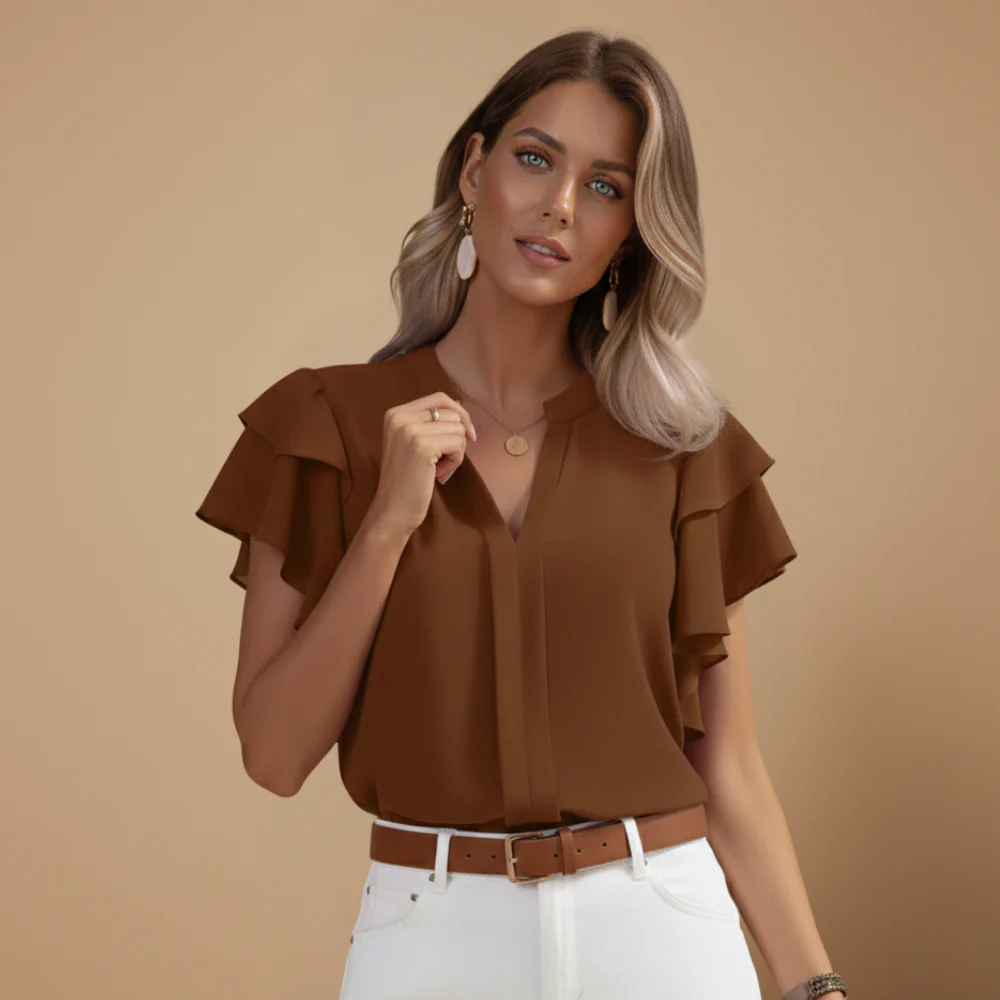 Women’s blouse with ruffles and V-neck for casual summer wear Fashion Grand