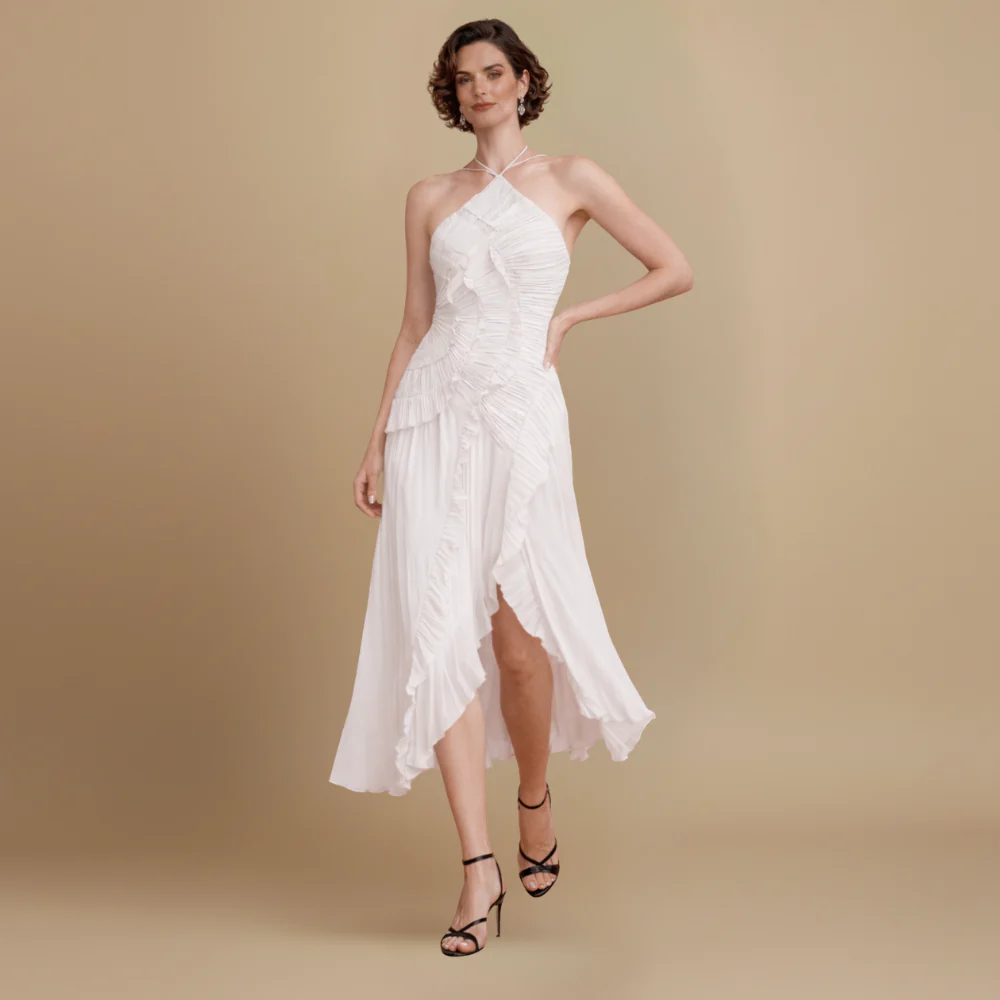 Women’s elegant flowy dress with ruffles and halter neck Fashion Grand