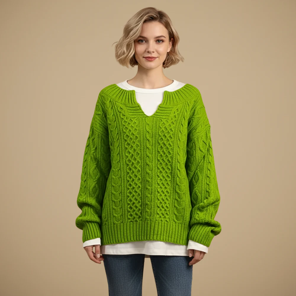 Women's Oversized V-Neck Thick Cable Jumper Fashion Grand