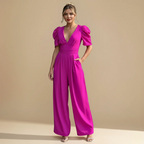 Women's Puff Sleeve V-Neck Wide Jumpsuit Fashion Grand