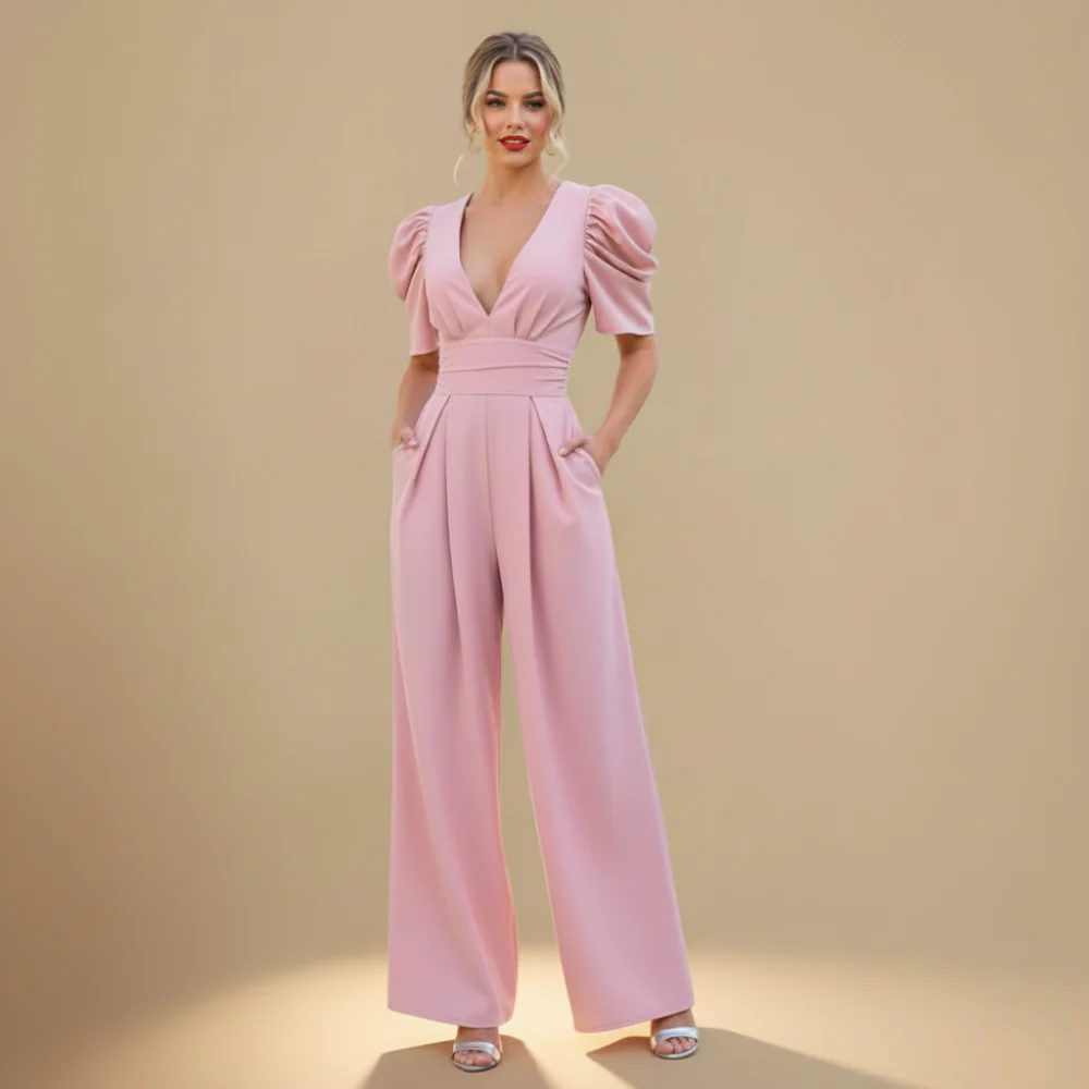 Women's Puff Sleeve V-Neck Wide Jumpsuit Fashion Grand