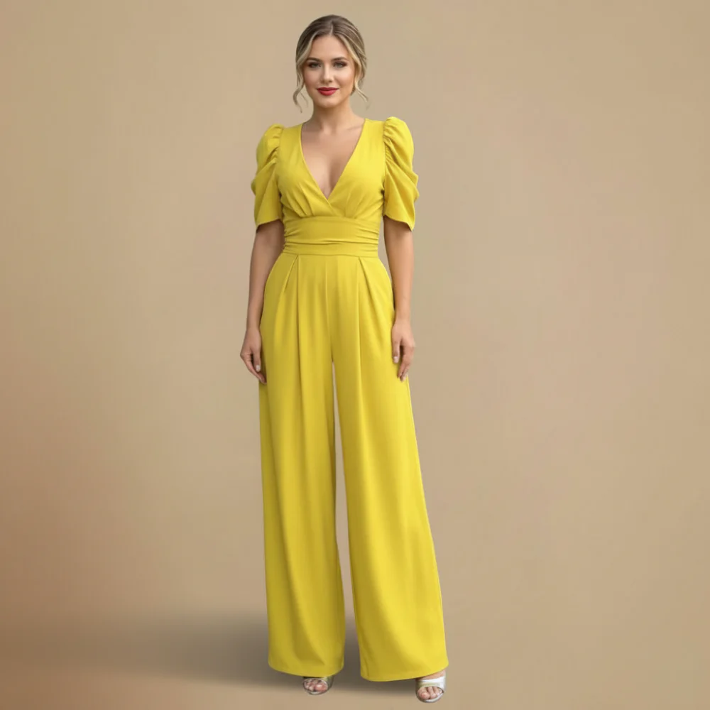 Women's Puff Sleeve V-Neck Wide Jumpsuit Fashion Grand