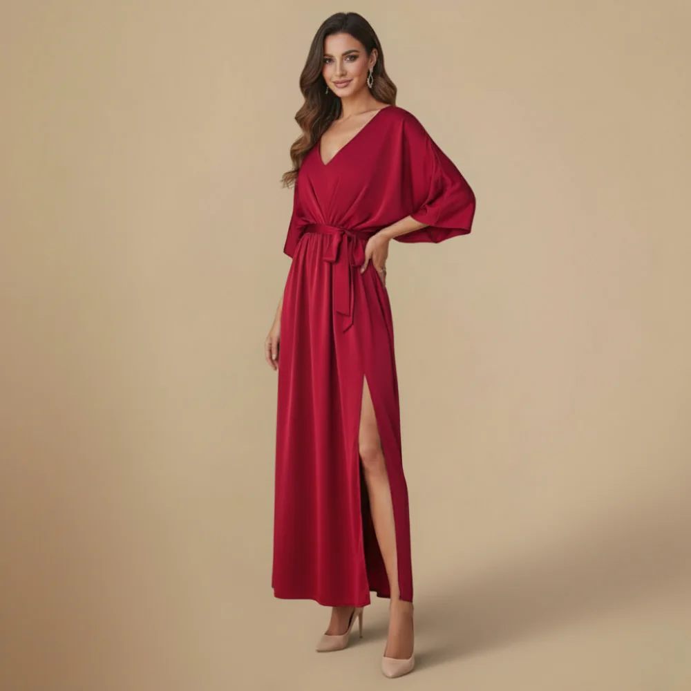 Women's V-Neck Tie Waist Long Dress Fashion Grand
