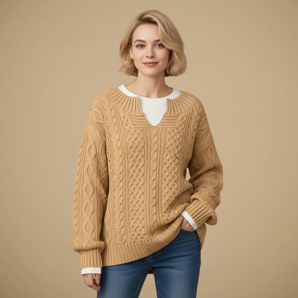Women's Oversized V-Neck Thick Cable Jumper Fashion Grand