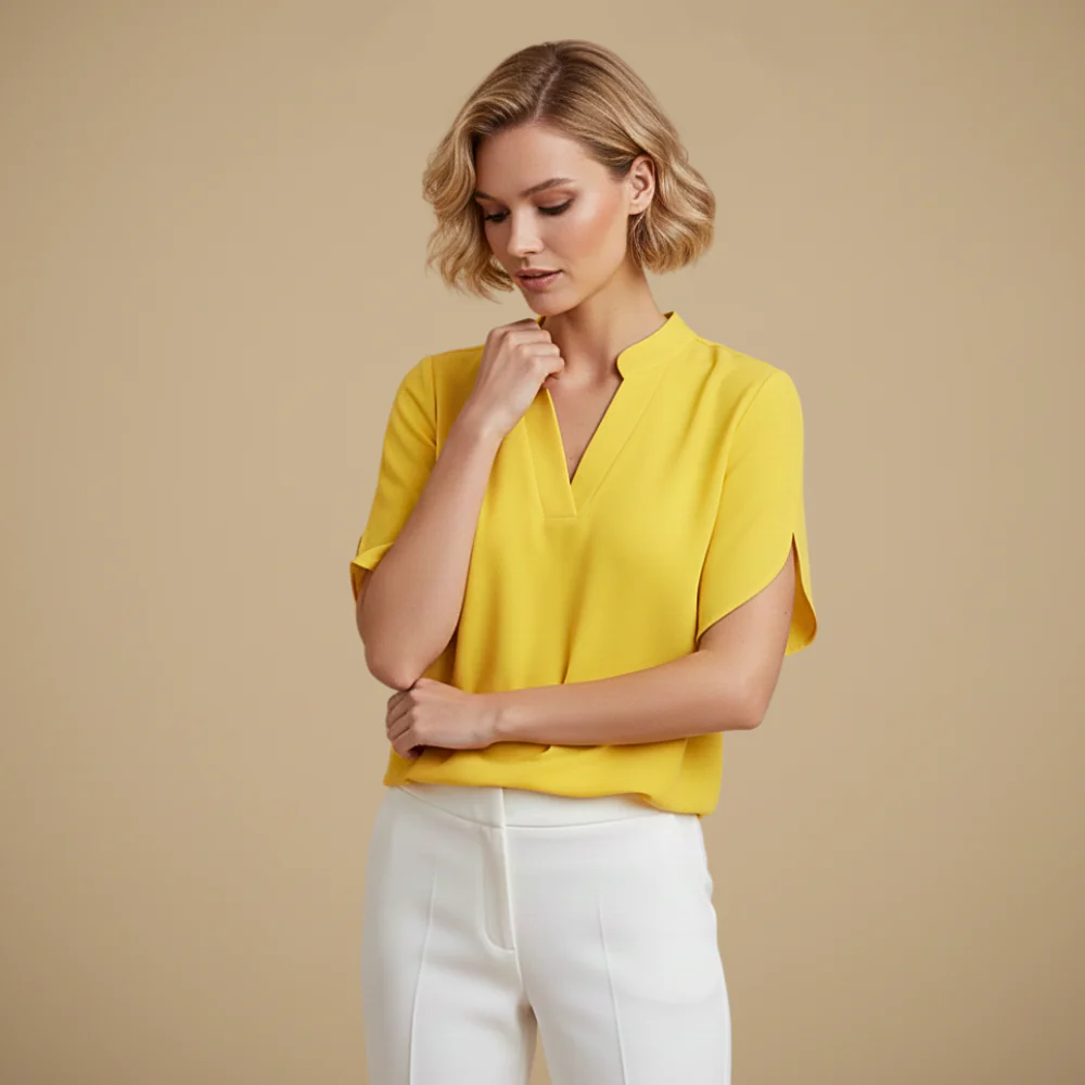 Women's V-Neck Short Sleeve Stand-up Collar Blouse Fashion Grand