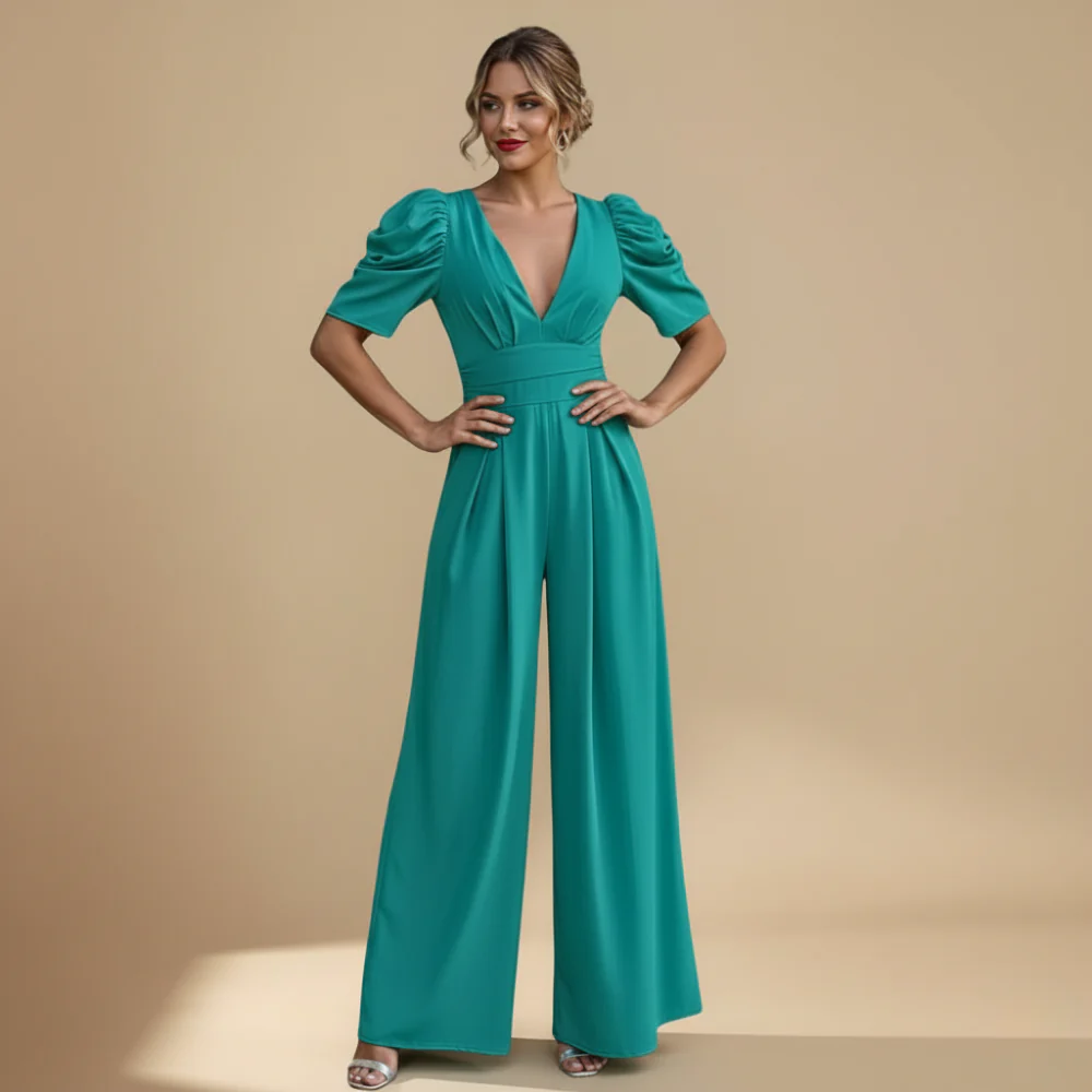 Women's Puff Sleeve V-Neck Wide Jumpsuit Fashion Grand