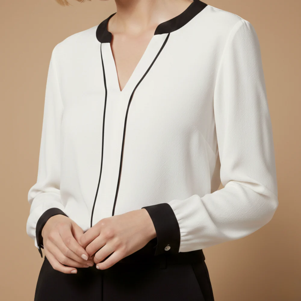 Women's v neck blouse long sleeve contrast trim Fashion Grand