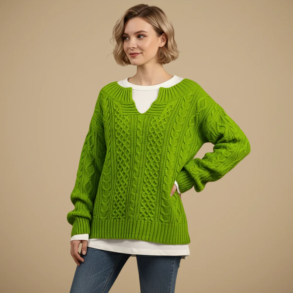 Women's Oversized V-Neck Thick Cable Jumper Fashion Grand