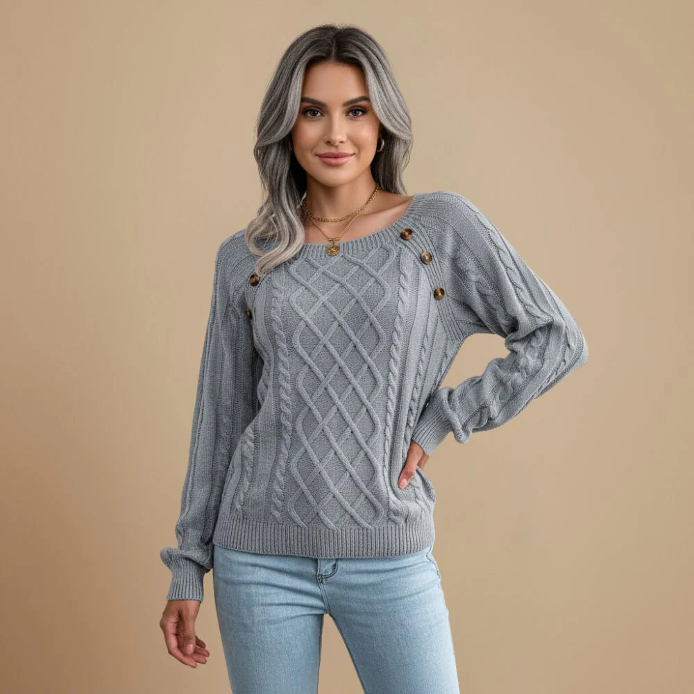 Cable Knit Shoulder Button Detail Round Jumper for Women Fashion Grand