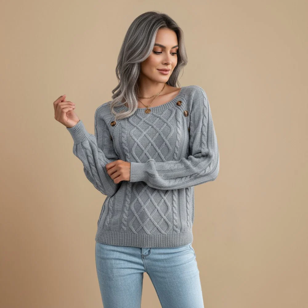 Cable Knit Shoulder Button Detail Round Jumper for Women Fashion Grand